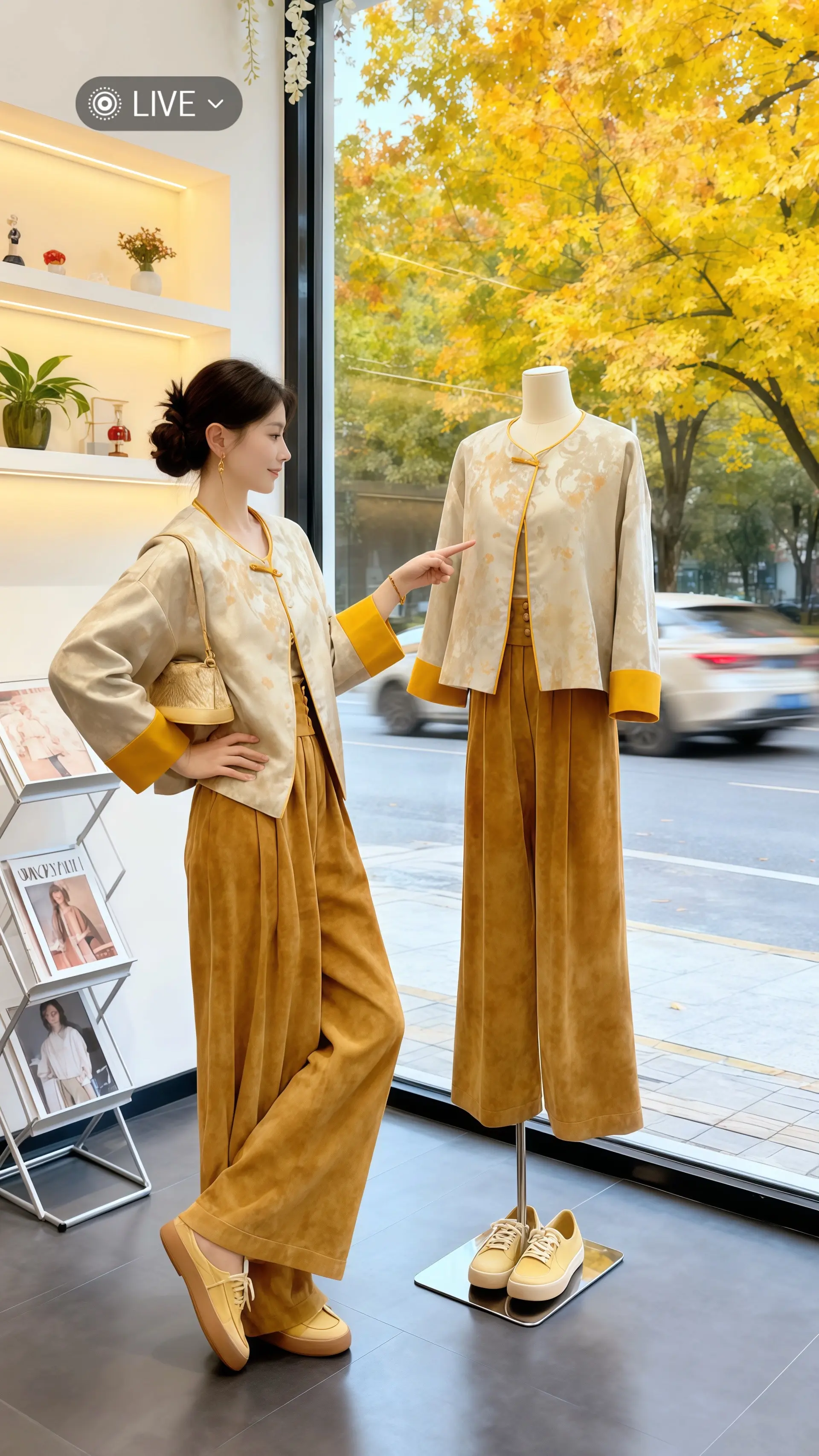 她穿着新中式国风提花两件套，静立窗前，与窗外的秋日风景撞了个满怀。上衣...