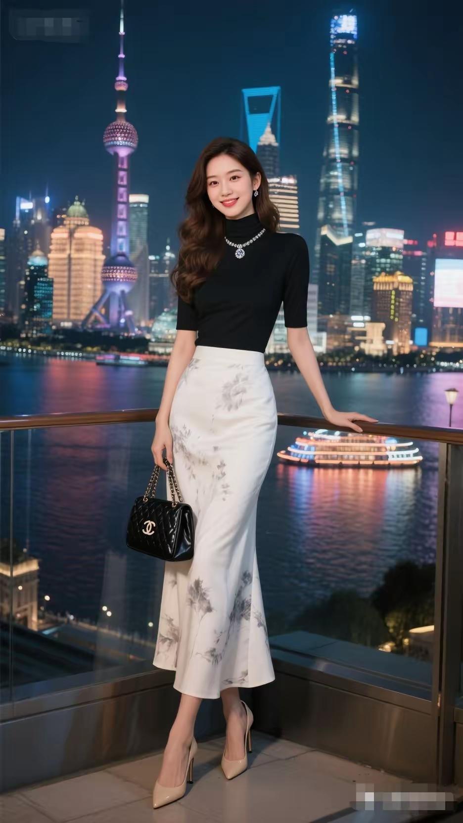 上海夜景下的优雅穿搭，黑白配尽显时尚魅力！
