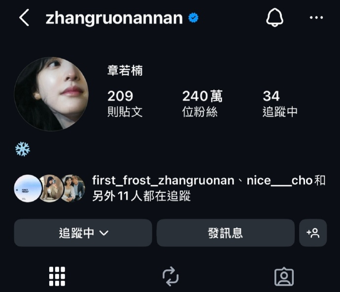 恭喜章若楠ins粉丝突破240万 