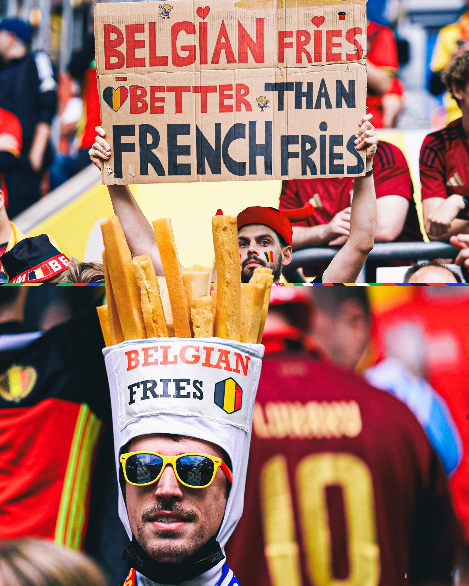 比利时球迷杠上的，是法国薯条。🇫🇷🍟🇧🇪#欧洲杯##法国vs比利时# 