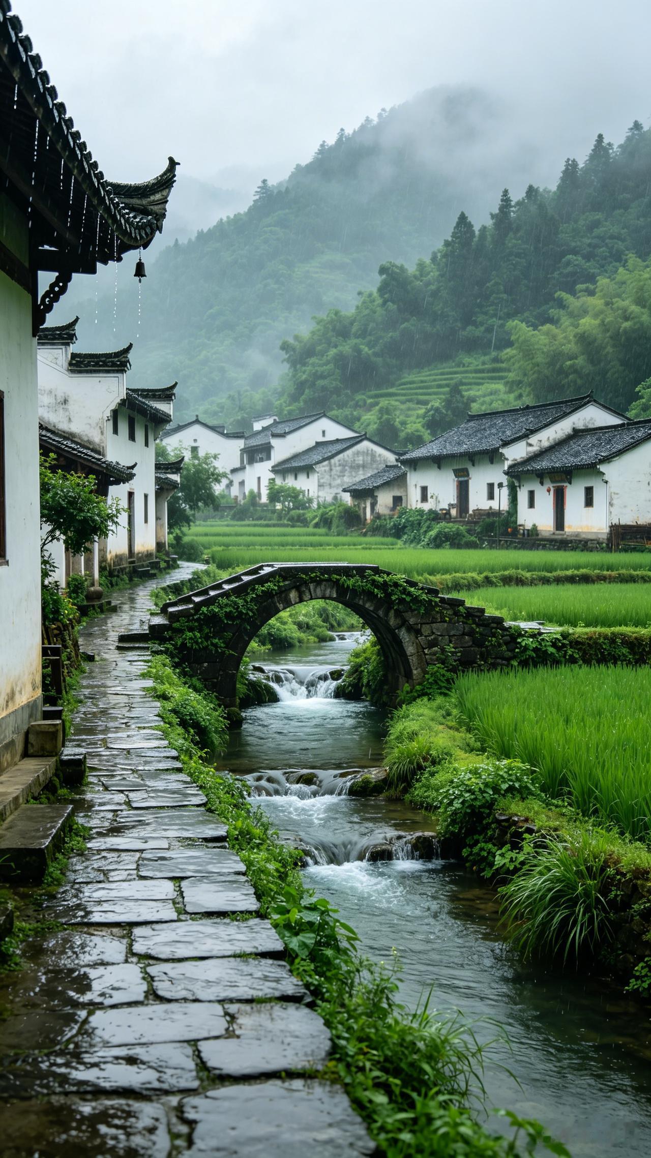 越长大越偏爱这样安静的地方，没有喧嚣，没有纷扰。 烟雨朦胧的古村，潺潺不息的溪水