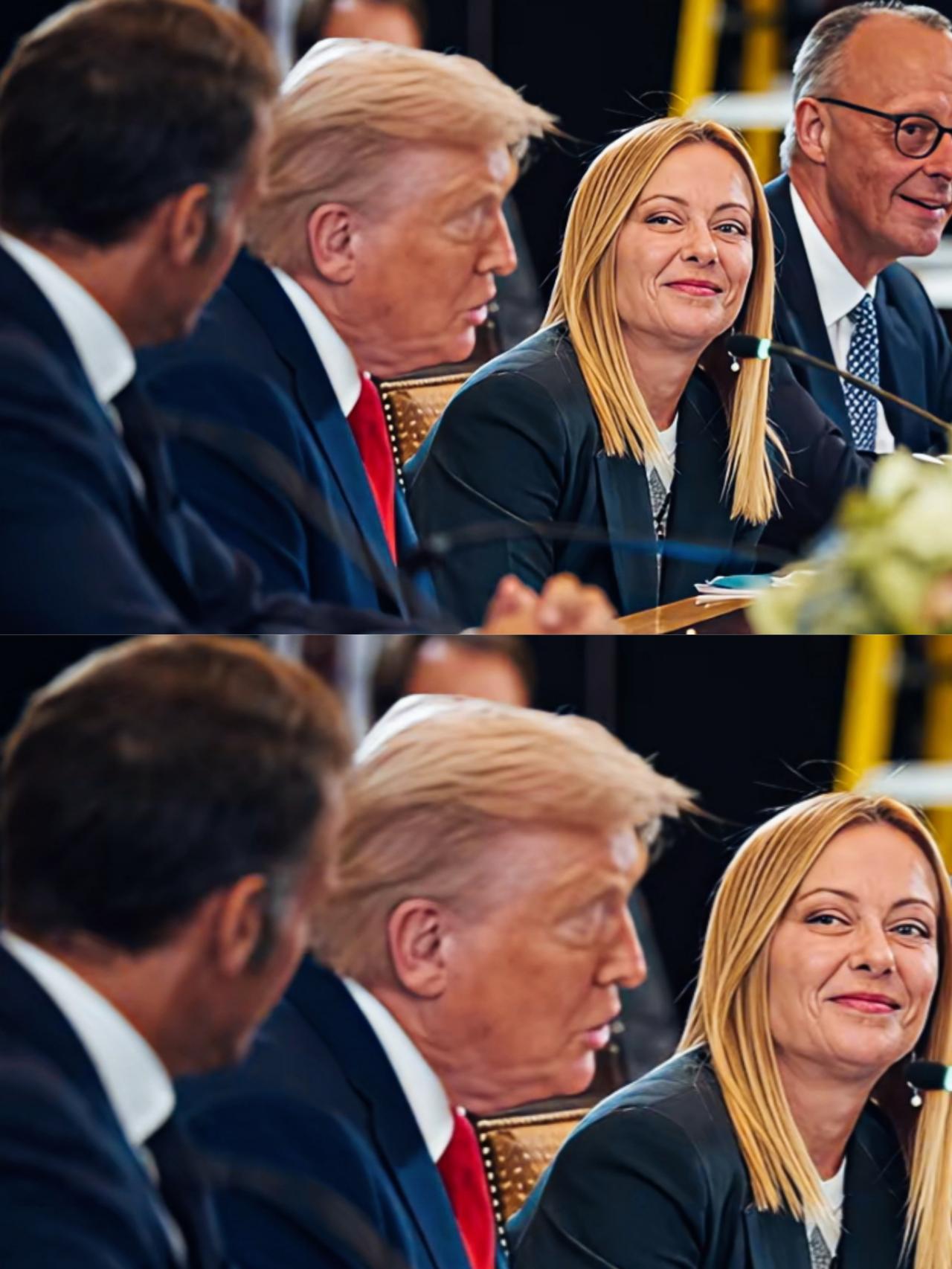 梅洛尼是不是被特朗普挡住了看马克龙的视线了啊？
梅洛的眼神和歪头的角度，是不是明