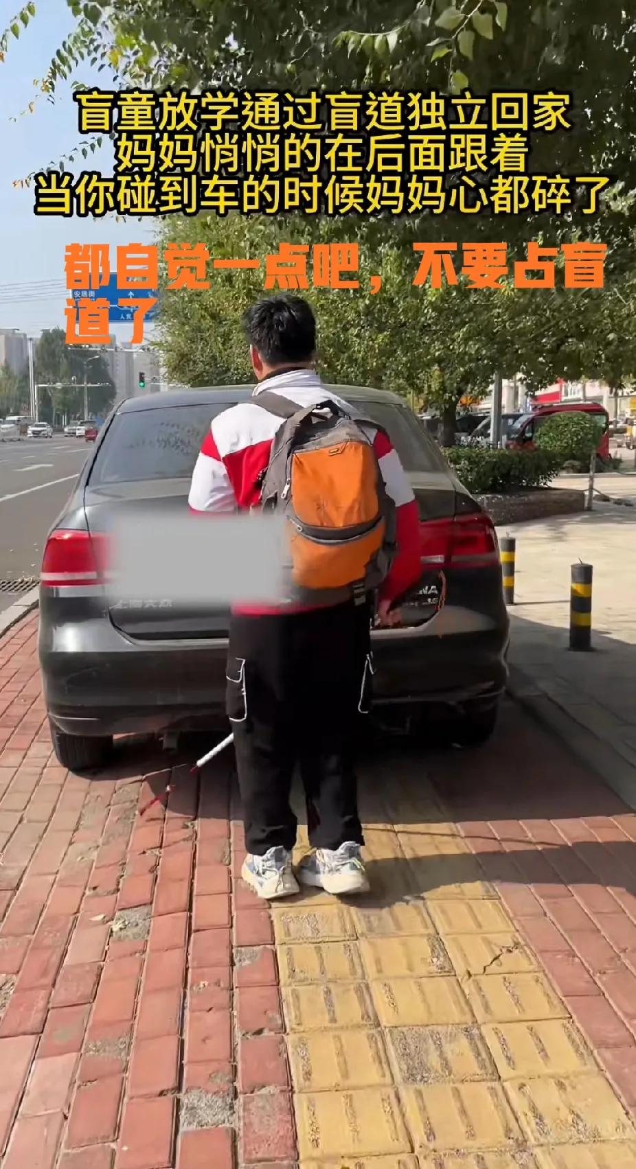 看到这个视频，你还会把车停在盲道上吗？盲童放学回家，妈妈一直跟在身后，生怕他被撞
