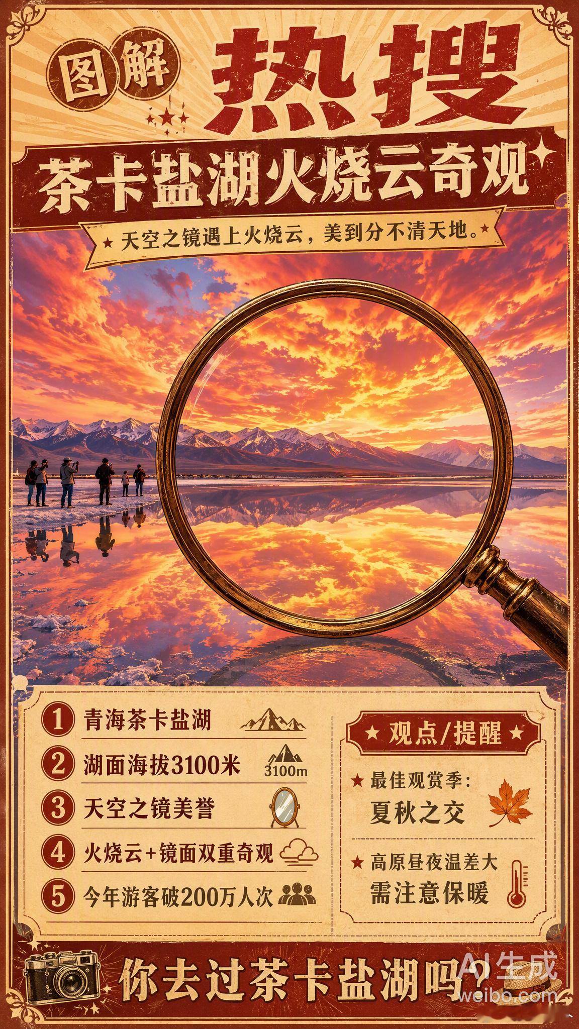 茶卡盐湖现火烧云奇观如梦如幻 当“天空之镜”遇上火烧云，青海茶卡盐湖直接美成了画