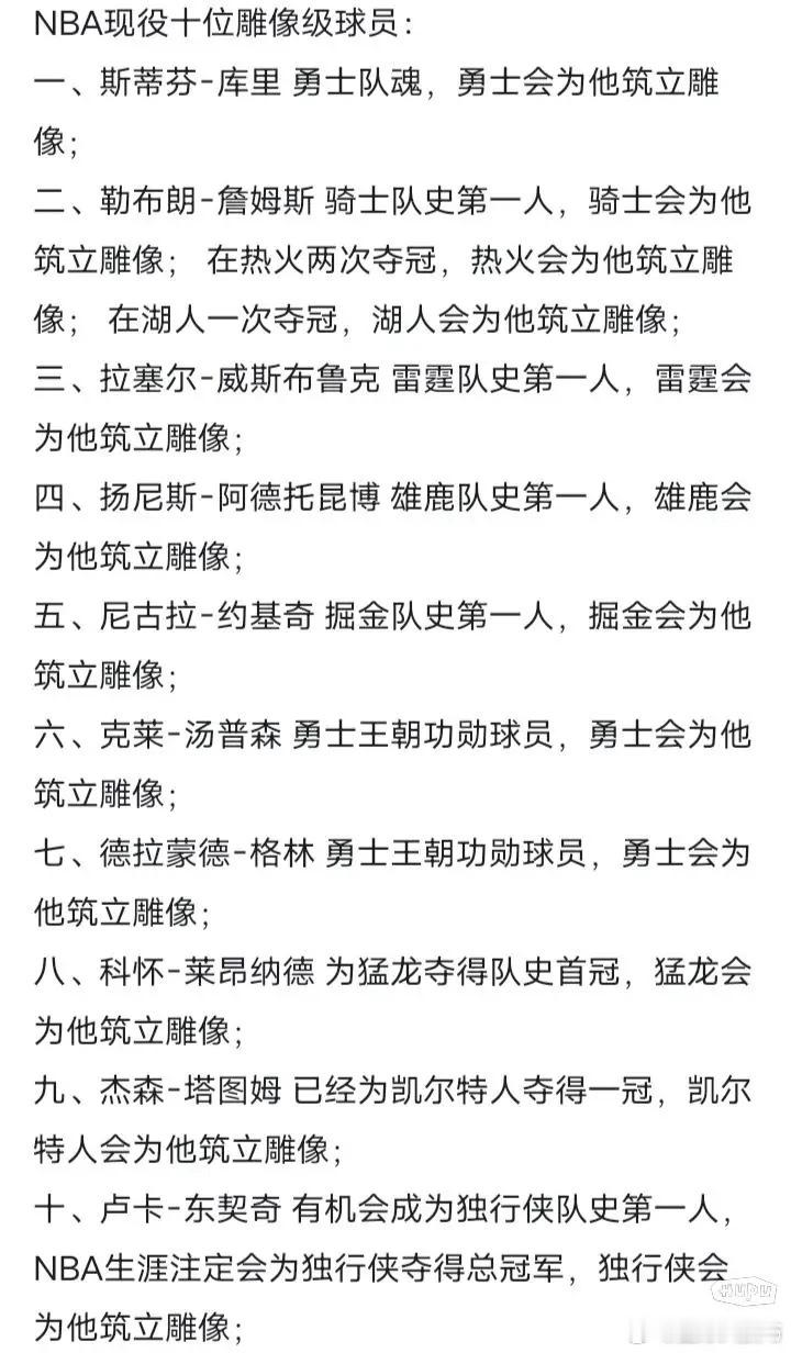 虎扑球迷发文:  理性讨论，NBA现役能够树立雕像的球员。 ​​​