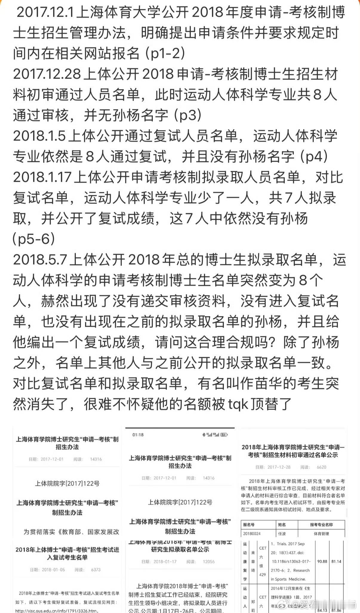 孙杨博士入学程序争议细节梳理 多环节名单变动引合规性质疑上海体育大学2018年度