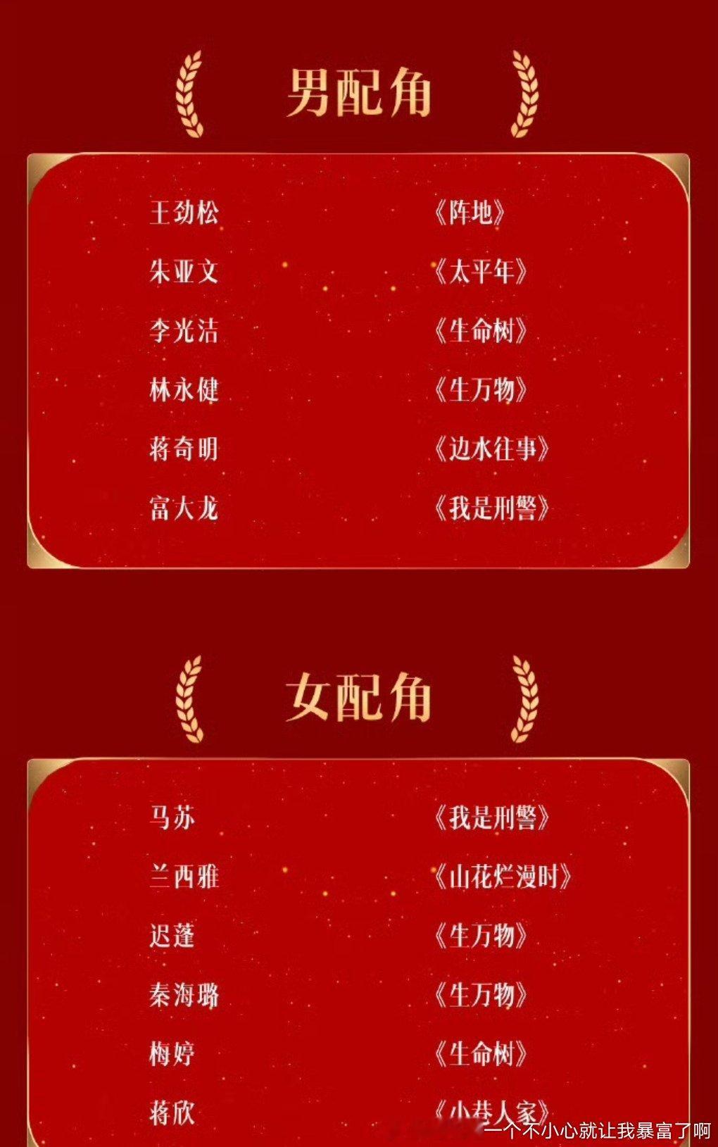 配角女配蒋欣入就得了基本感觉男女配放一起生万物环男女主提名了啊太平年金鹰这边也没