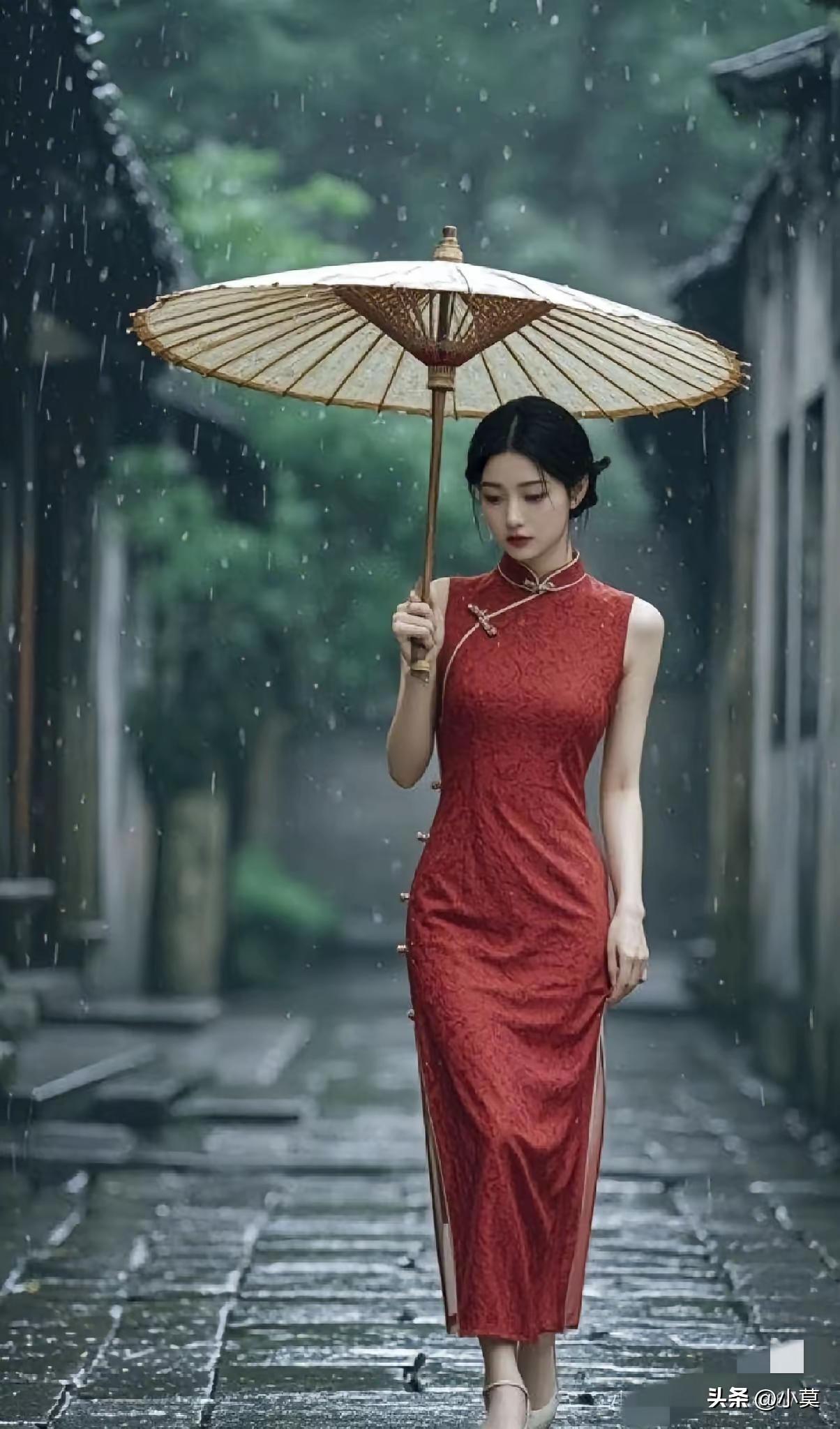 雨中漫步，红衣美人撑伞漫步在古巷，尽显古典韵味。