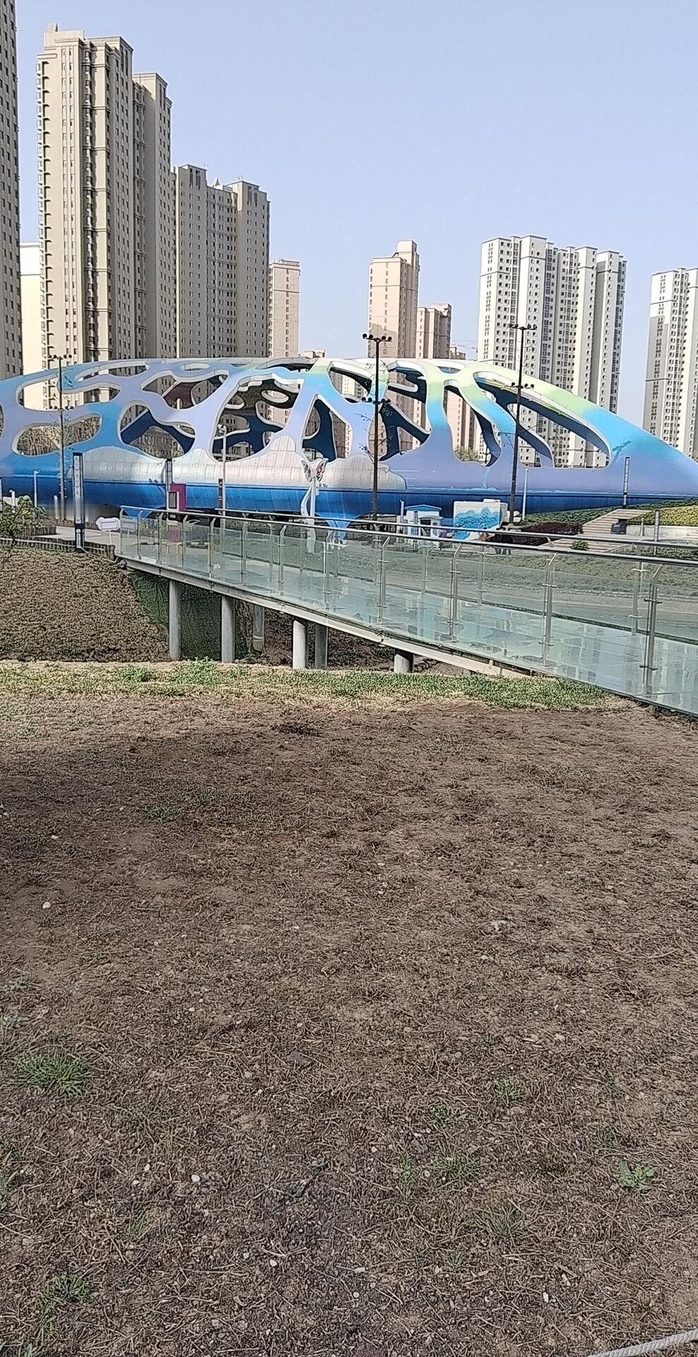 现代都市中的艺术桥，蓝白相间，美不胜收！这座艺术桥在春天里仿佛被大自然赋予了新的