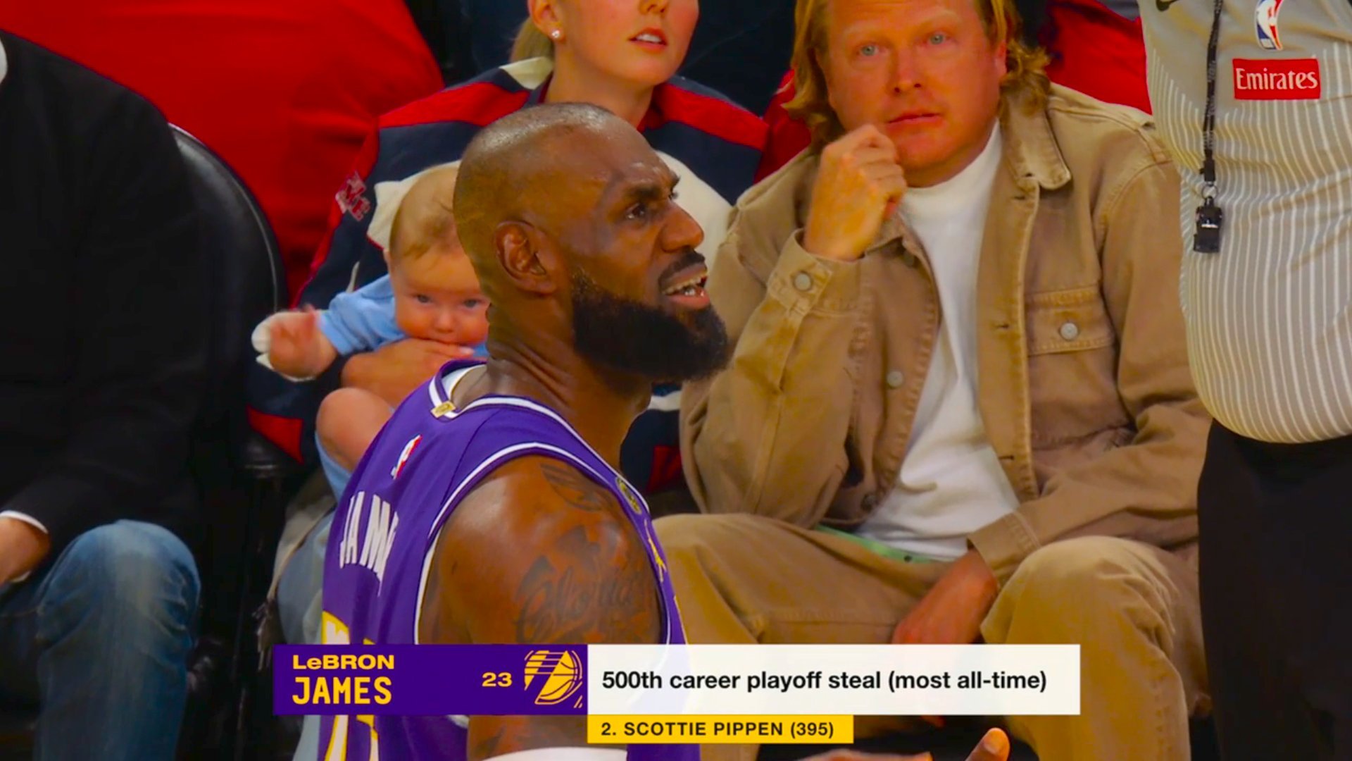 老詹刚才那次抢断是季后赛职业生涯第500次抢断詹姆斯火箭vs湖人