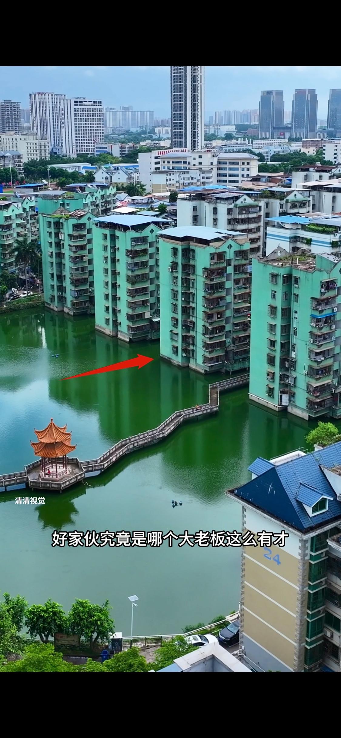 好家伙，究竟是哪个大老板这么有才，竟然直接把整个小区楼建在一口大池塘上面，住在里