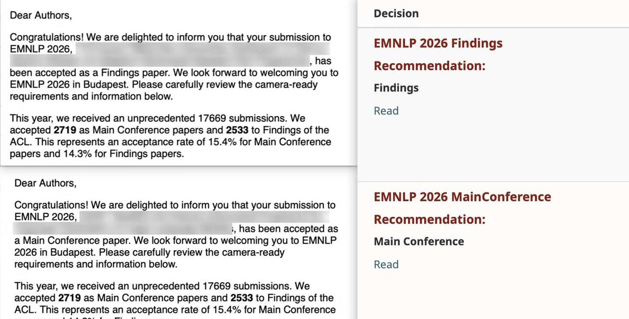 EMNLP2026 投稿记录
很久没写新的论文了，EMNLP 投稿了 3 篇之前