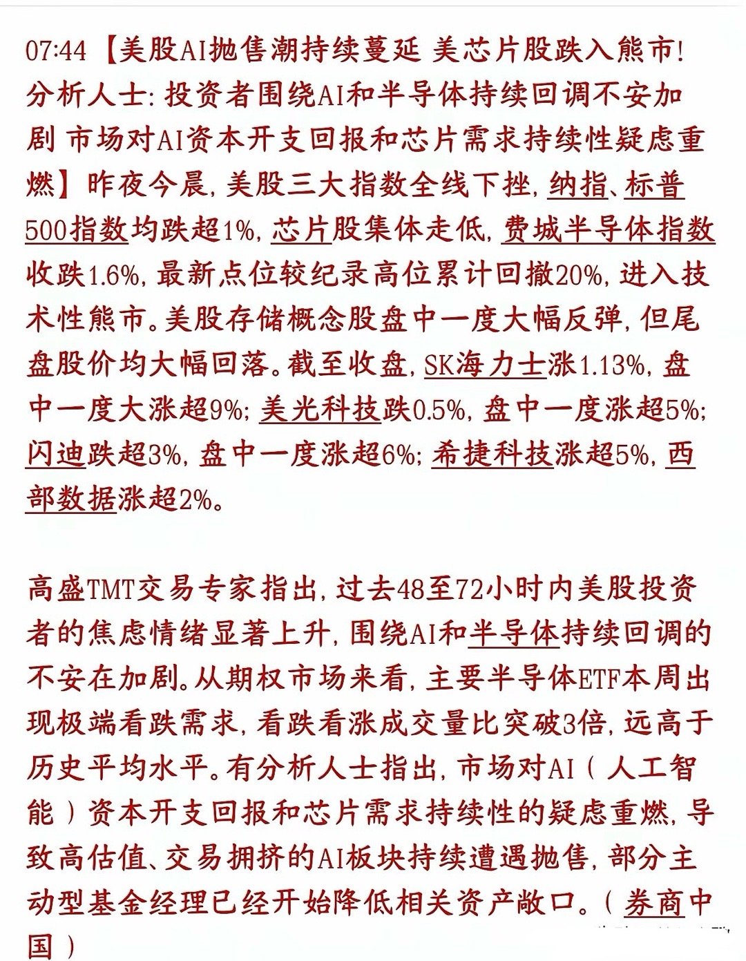美股芯片也进入了熊市，全球AI逻辑发生根本改变，不是就A股跌美股费城半导体指数，