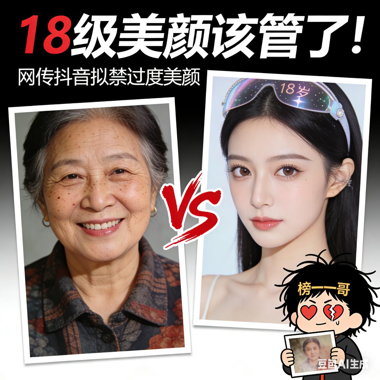 美颜禁令下的碎梦
 
磨皮磨平六十秋，瘦脸拉成柳叶舟。
大眼开成星子闪，18级滤