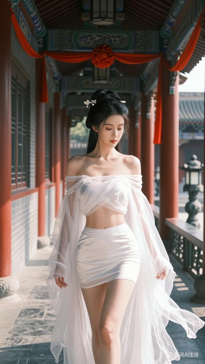 穿越时空的古典美人，白裙飘飘，步履轻盈。