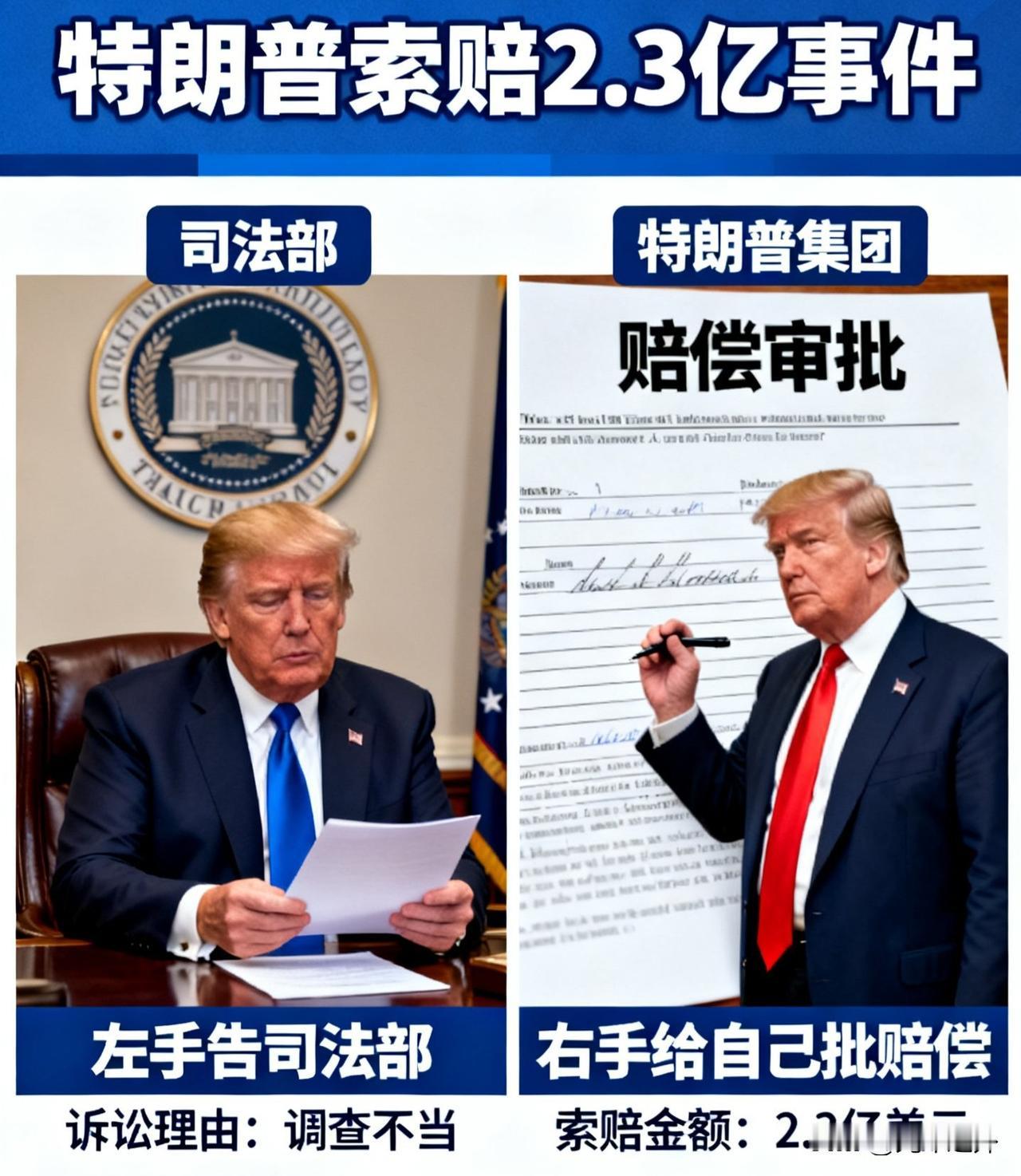 离大谱！特朗普索2.3亿：左手告司法部，右手给自己批赔偿？
 
美国政坛再演荒诞