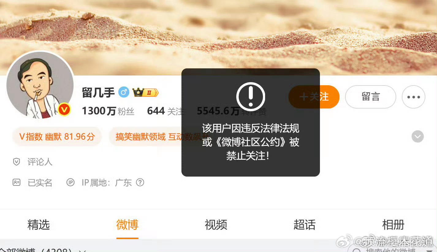 喜大普奔，留几手被限制关注了，希望全平台给他限了，这种无下限博关注三观不正的人不