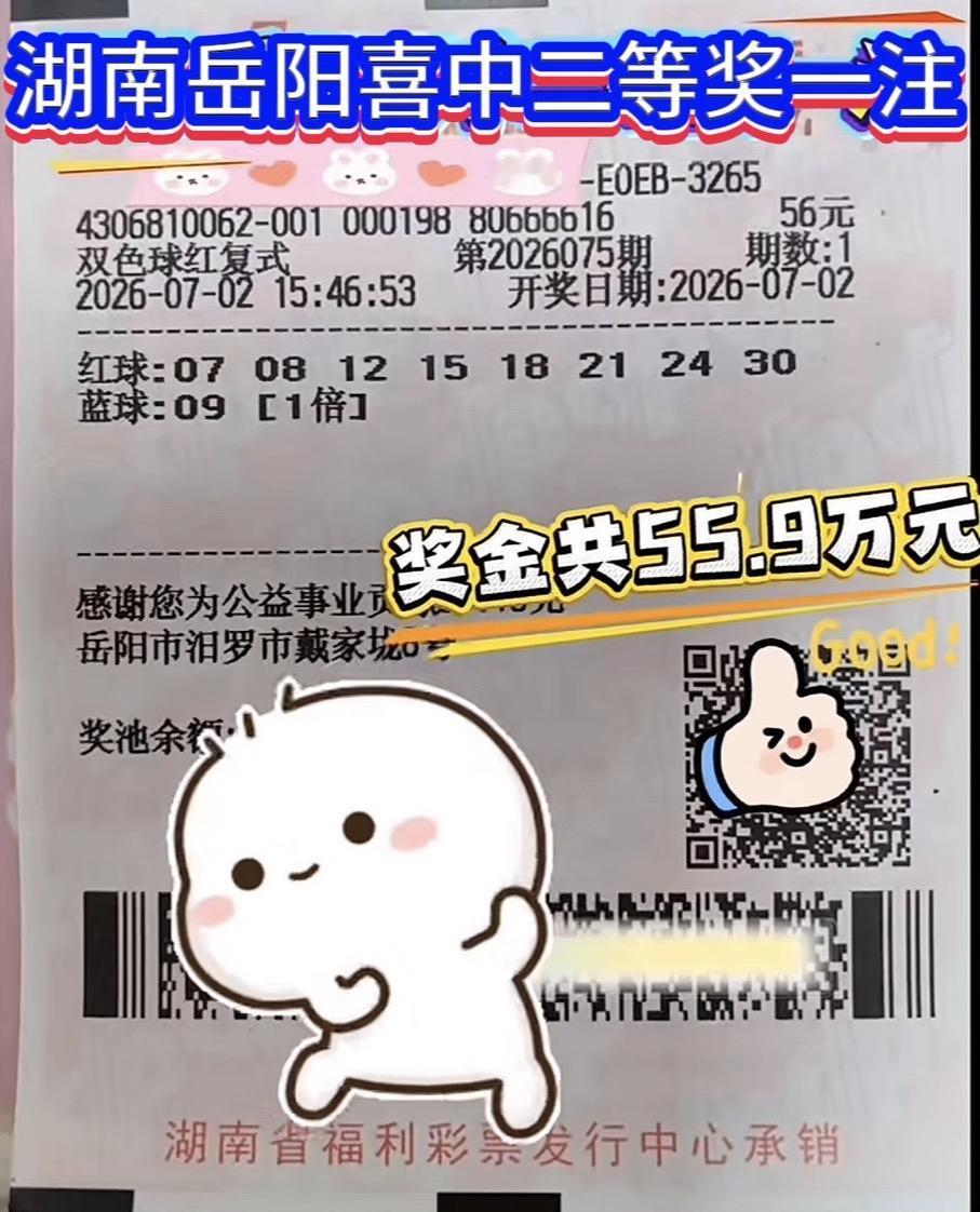 一球之差憾失784万！湖南岳阳彩民复式擒获55.9万二等奖。

双色球26075
