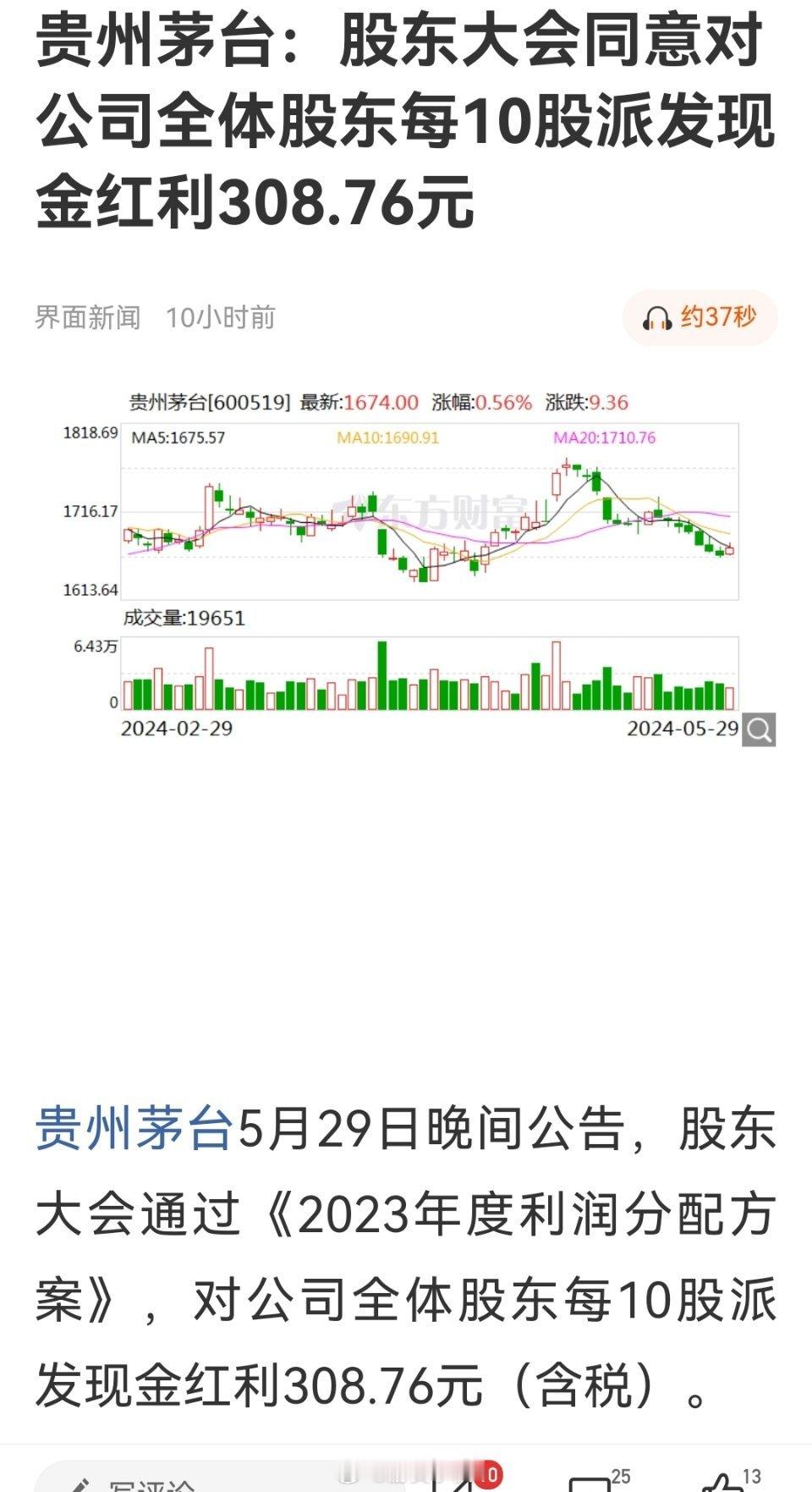 茅台是A股唯一的价值投资，年年大手笔分红，年年业绩稳定增长#贵州茅台每10股分红
