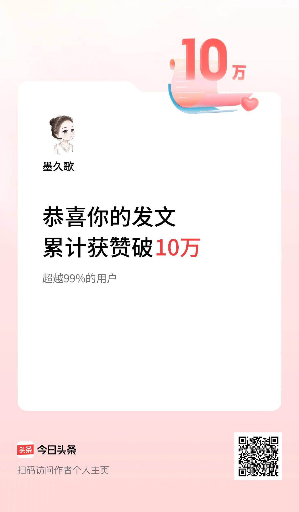 我在头条累计获赞量破10万啦！