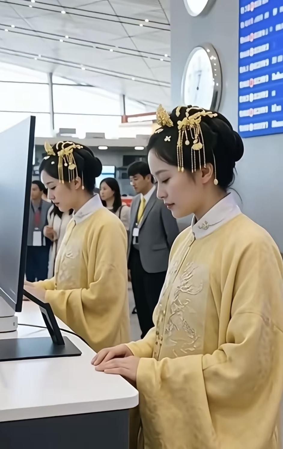 最近首都机场和白云机场真有汉服工作人员在值岗。不是拍照打卡，是穿明制立领、宋制配