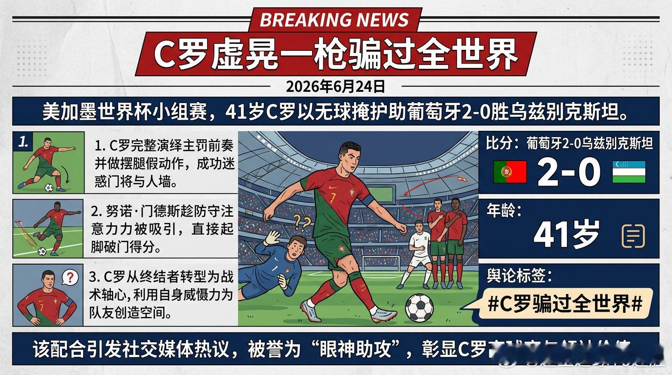 6月24日世界杯小组赛，41岁C罗彻底封神！他先是用逼真假动作“骗过全世界”，掩