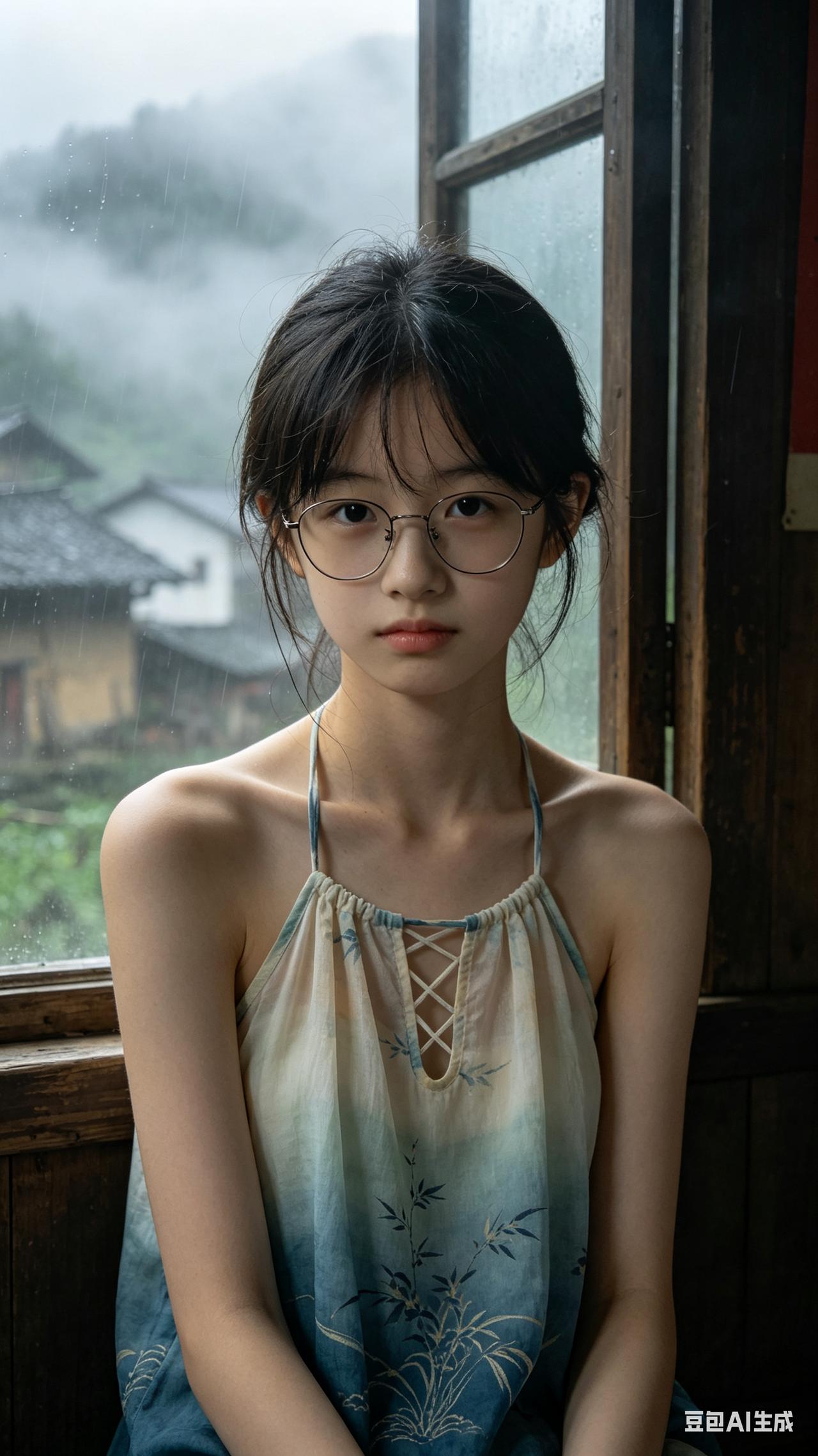 深山雾屋窗边半身抓拍，素颜戴眼镜少女神态腼腆拘谨，渐变国风镂空背心，潮湿雾漫窗外