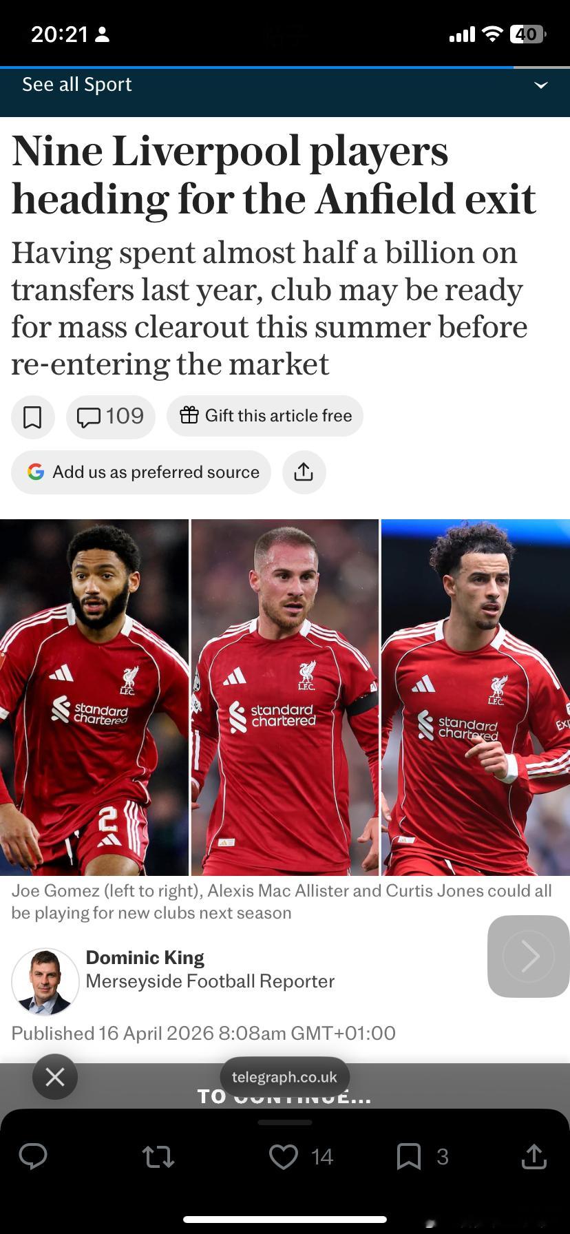 可能或即将在今夏离开利物浦的九名球员：· 萨拉赫· 罗伯逊· 麦卡利斯特· 琼斯