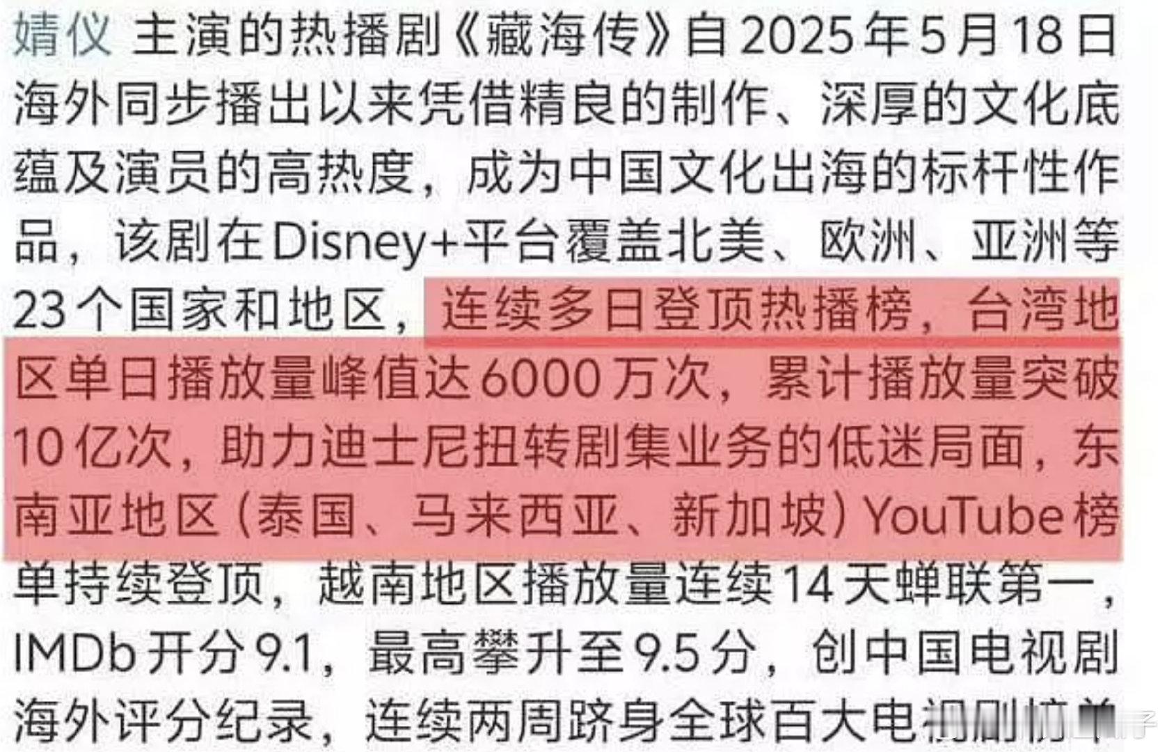 藏海传在台湾省单日播放量破6000万，总播放量破10亿，收视率高达17.2%，这