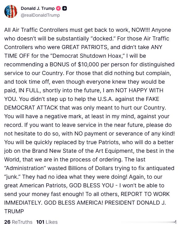 阿川威胁没发工资的空中管制员立刻回去上班，不来上班的要大幅扣钱。而之前坚持上班的