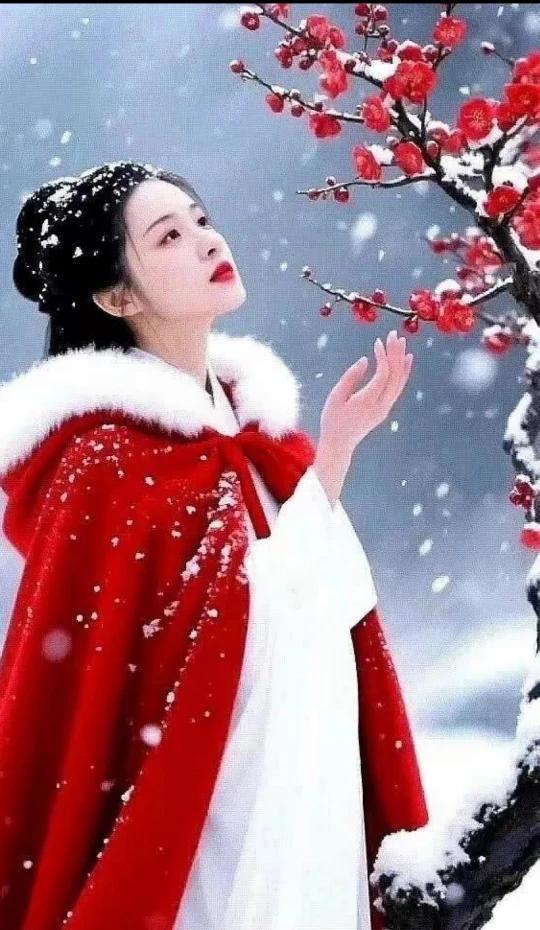 云山落雪覆轻纱，
数点梅红醒岁华。
谁道冬深无妙趣，
暗香浮动飘琼花。