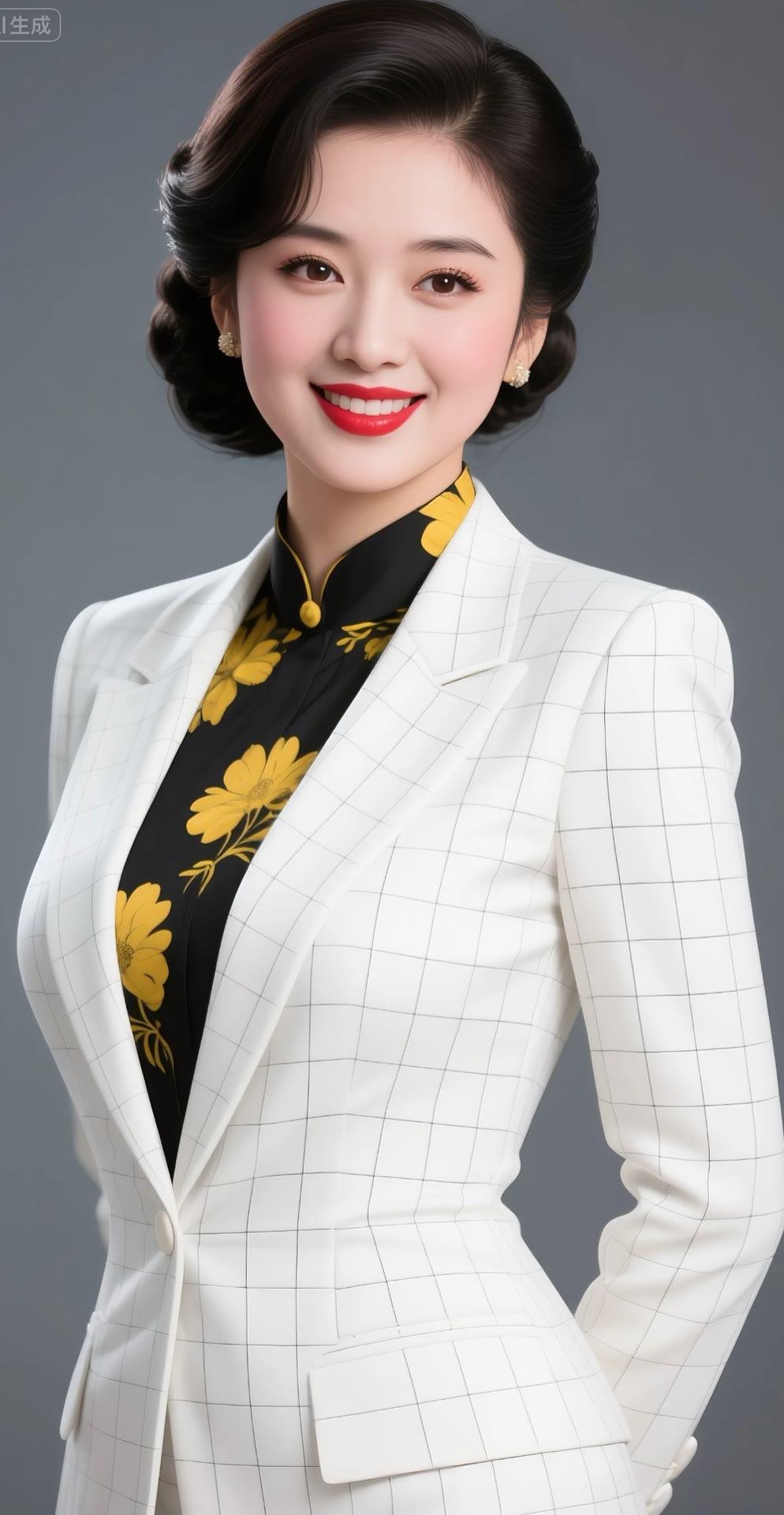优雅职场风，白西装搭配黄花衬衫，自信微笑，尽显女性魅力！🌸✨
