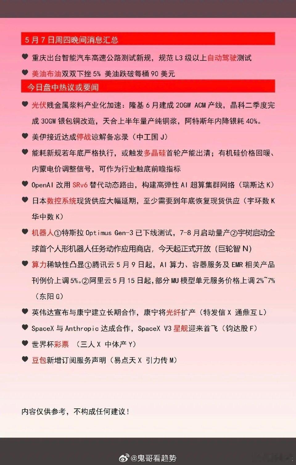 5.8周五  盘前  财经热点+热议信息！1.自动驾驶2.原油期货跌超5%3.光