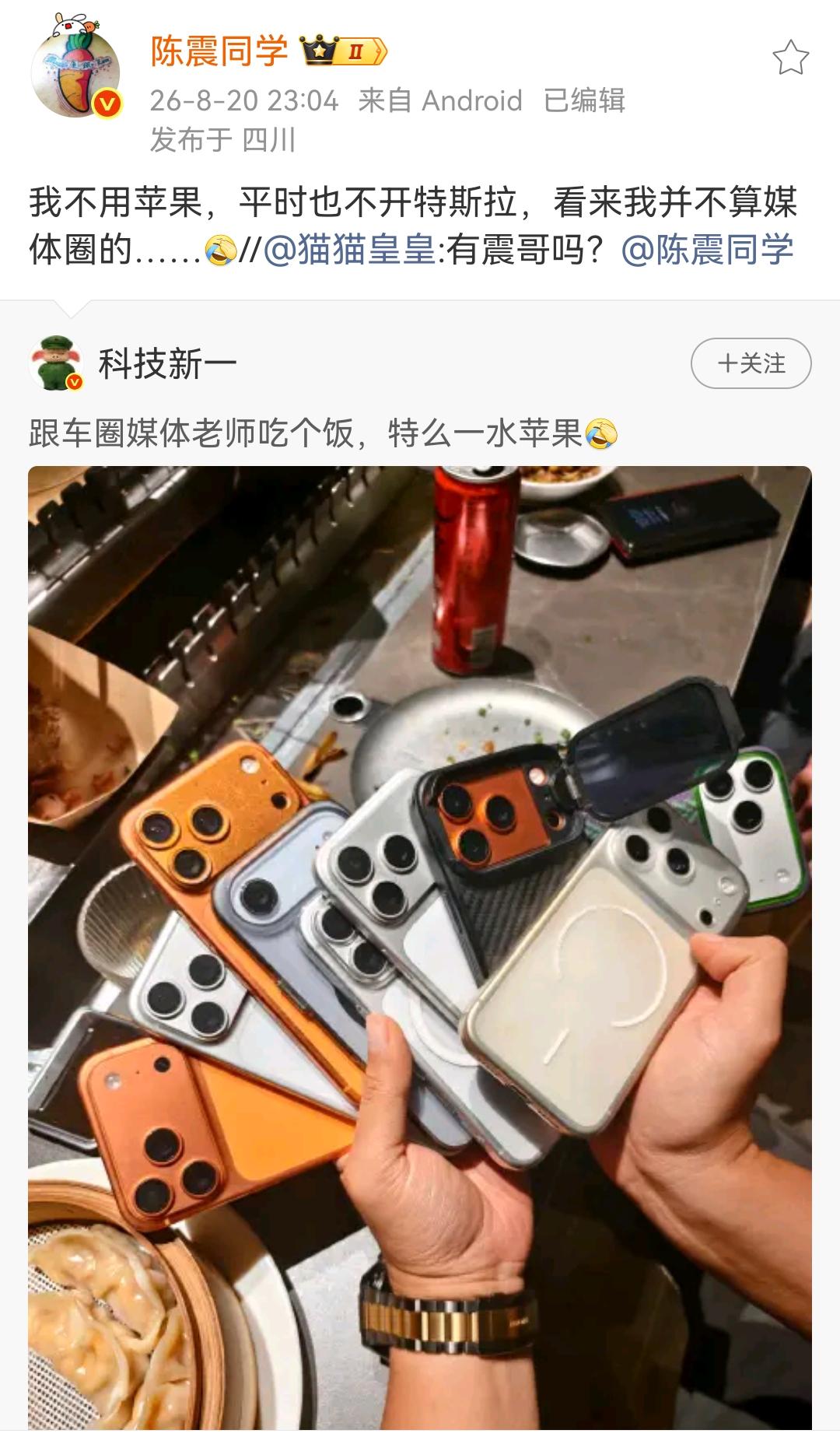 陈震：我不用苹果，平时也不开特斯拉，看来我并不算媒体圈的……[允悲]

怎么这么