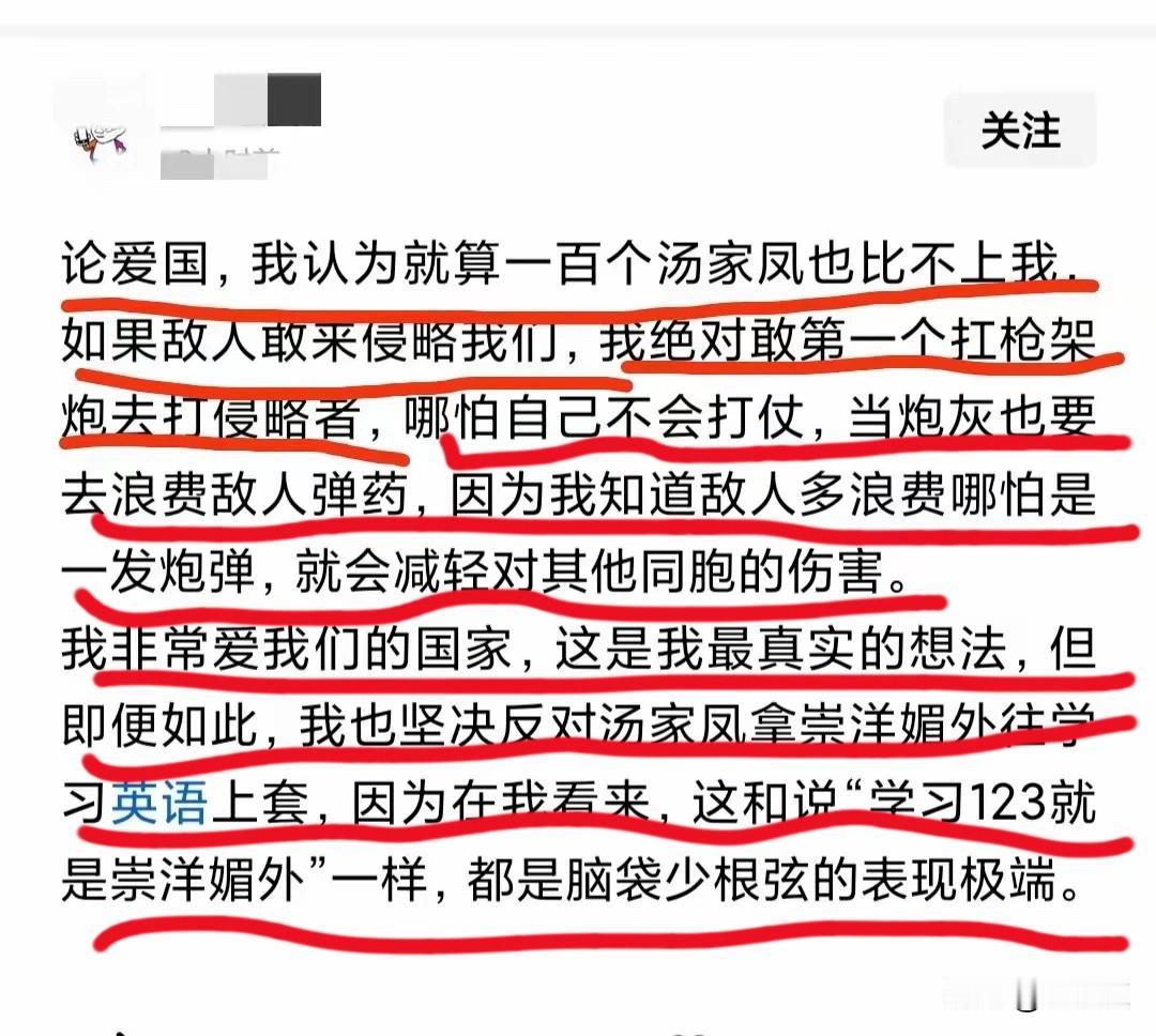 “论爱国，我认为就算一百个汤家凤也比不上我”，一网友如是说。

我挺这位网友，他