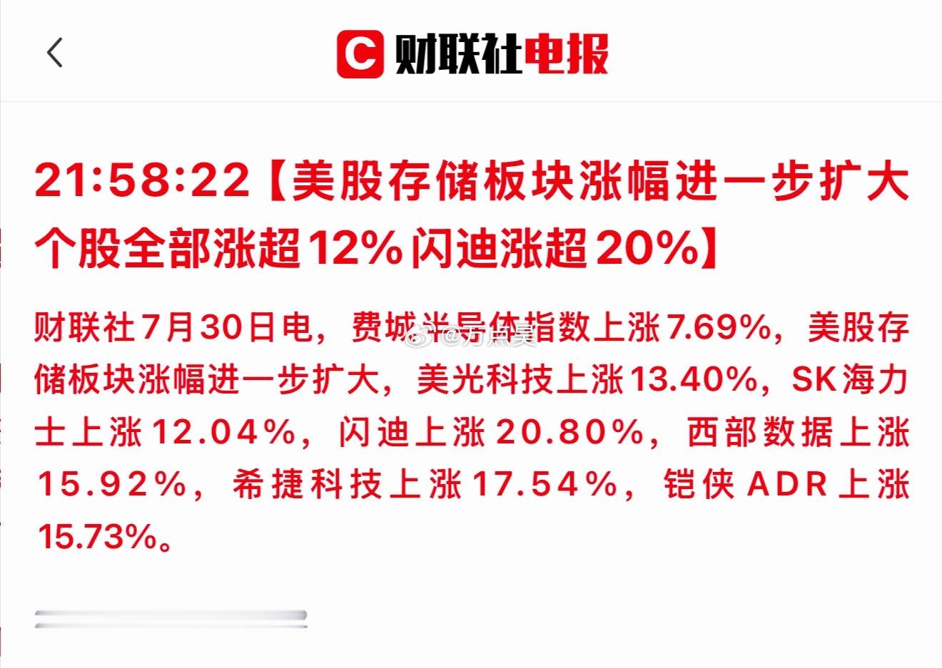 21:57   【闪迪涨幅扩大至20%】闪迪涨幅扩大至20%，此前连续4日大跌。