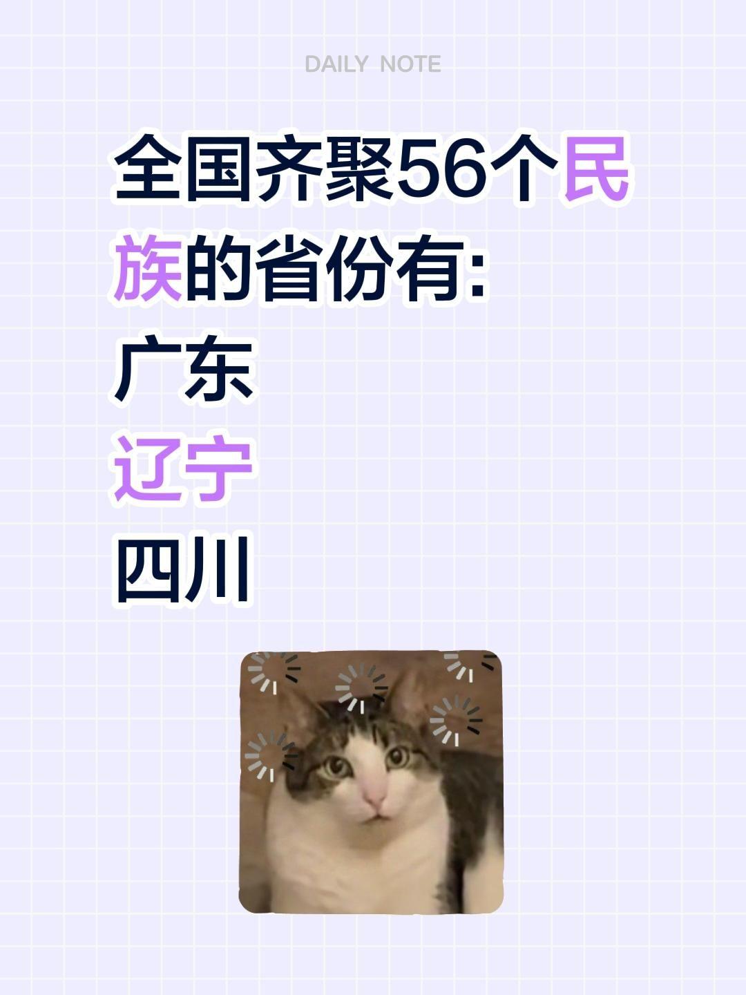 全国齐聚56个民族的省份有: 广东 辽宁 四川