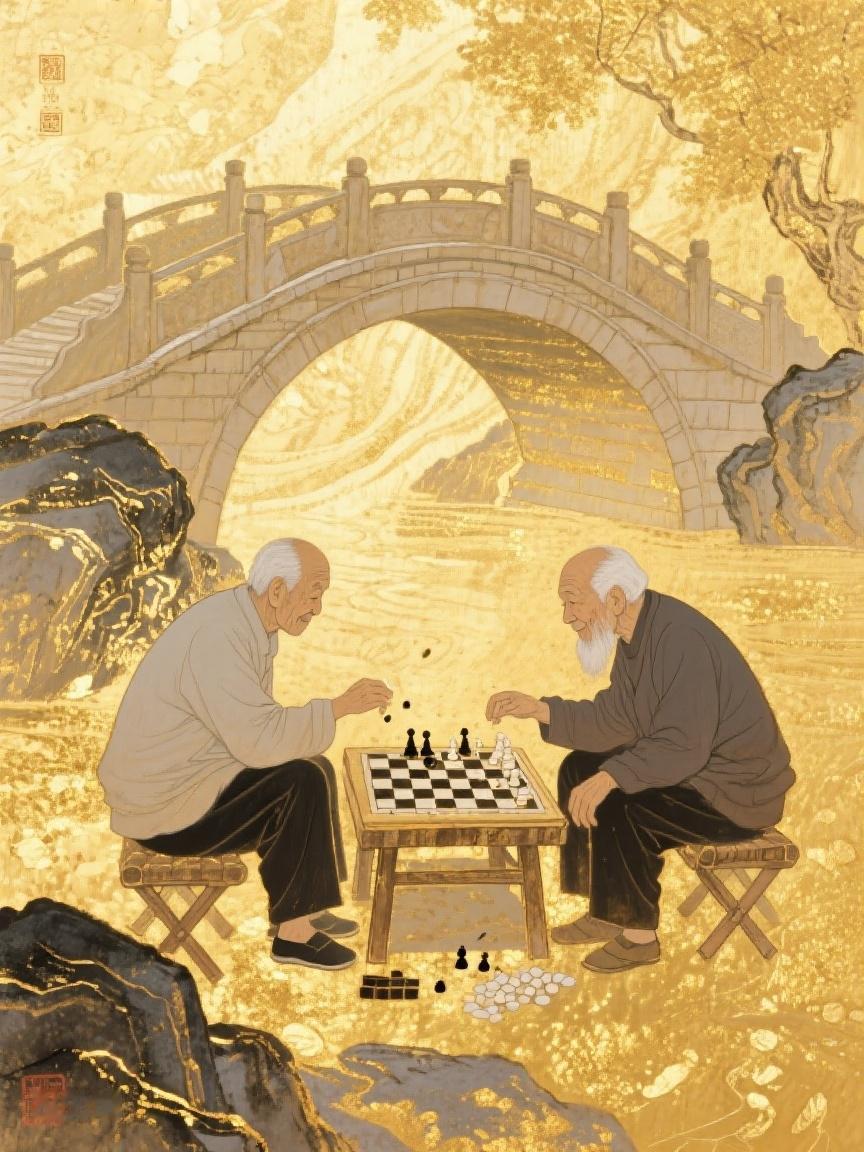 AI妙生图在古桥畔，两位老者对弈。时光在此刻放慢，棋局里藏着岁月的智慧与人生的百