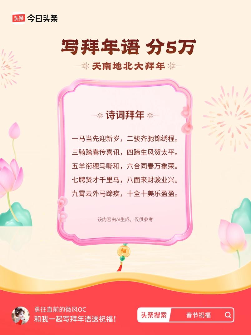 写拜年语送祝福新春拜年送祝福！我的祝福是：“一马当先迎新岁，二骏齐驰锦绣程。三骑