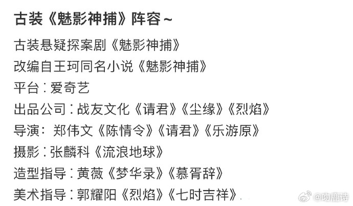 爱奇艺古装悬疑剧《魅影神捕》由《陈情令》导演郑伟文执导，主演罗云熙、方逸伦与新人