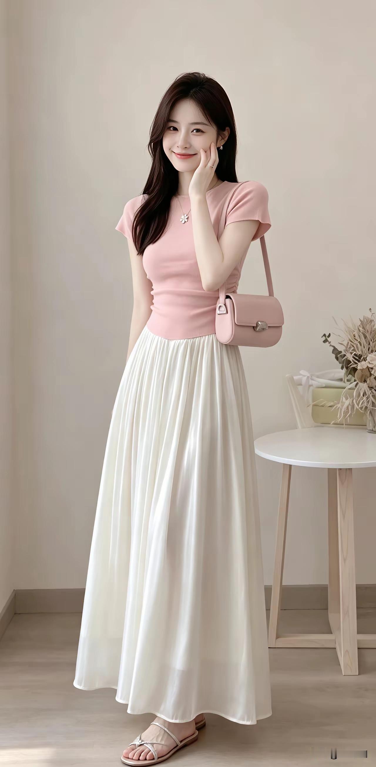 温柔粉色上衣搭配白色长裙，清新自然，少女心满满！如何通过摄影表现女性的气质美