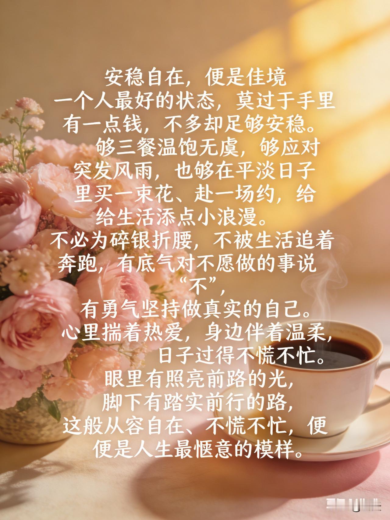 安稳自在，便是佳境
 
一个人最好的状态，莫过于手里有一点钱，不多却足够安稳。够