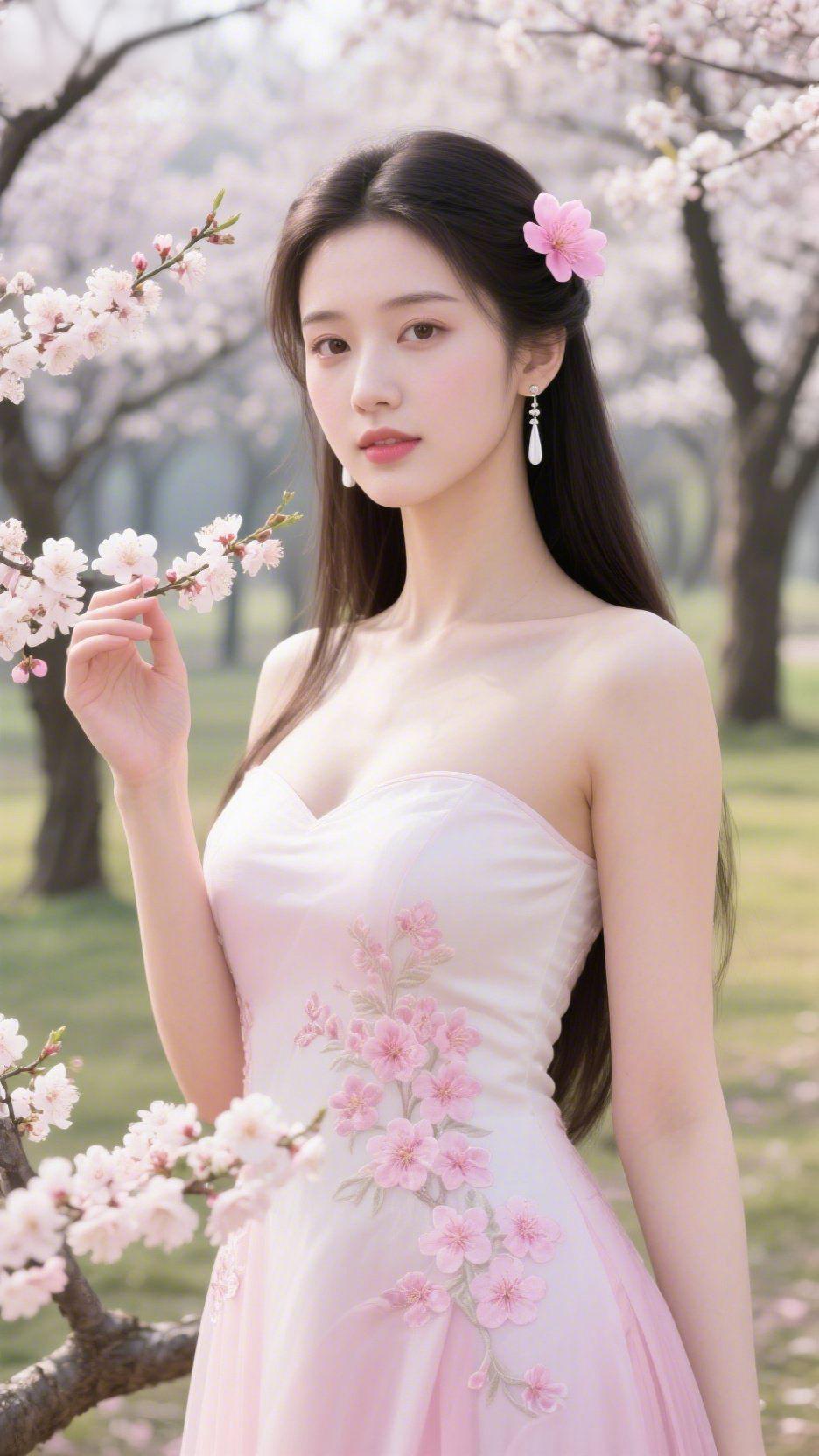 花下粉裙染春柔
 
漫山桃花如云似雪，粉白花瓣簌簌落在肩头，浅粉裙身的桃花刺绣与