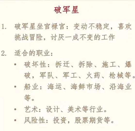 破军星在官禄宫的职业参考[大笑]
变动性质的工作，一层不变是煎熬[机智]