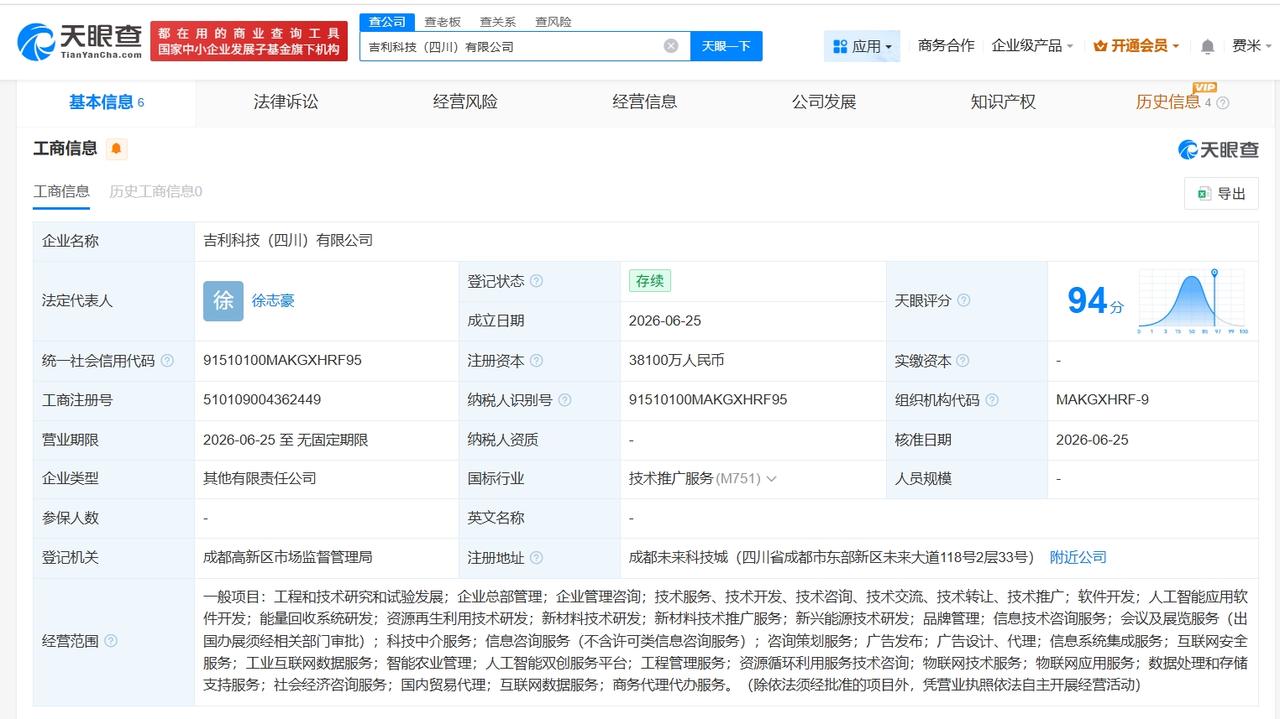 吉利等在四川成立新科技公司 注册资本3.81亿
天眼查App显示，近日，吉利科技