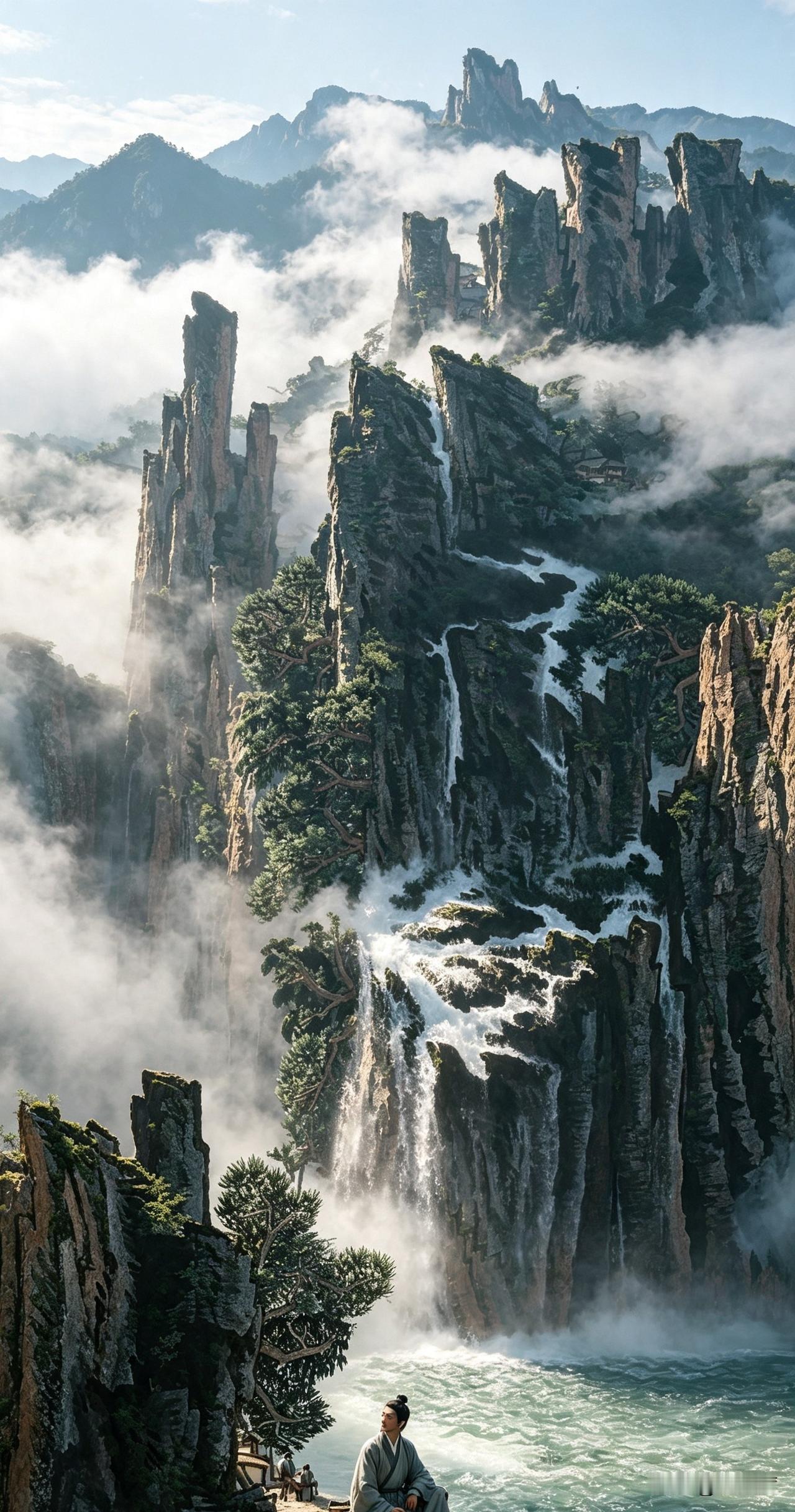 落日垂远山，余晖染层林。金辉穿枝叶，远处飞瀑云影，泉水淙淙东流，溪面漾开粼粼碎影