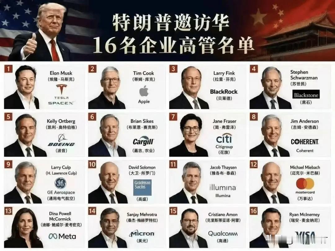 2026年5月，特朗普率苹果、英伟达、特斯拉、高盛、波音等17位顶级商界领袖访华