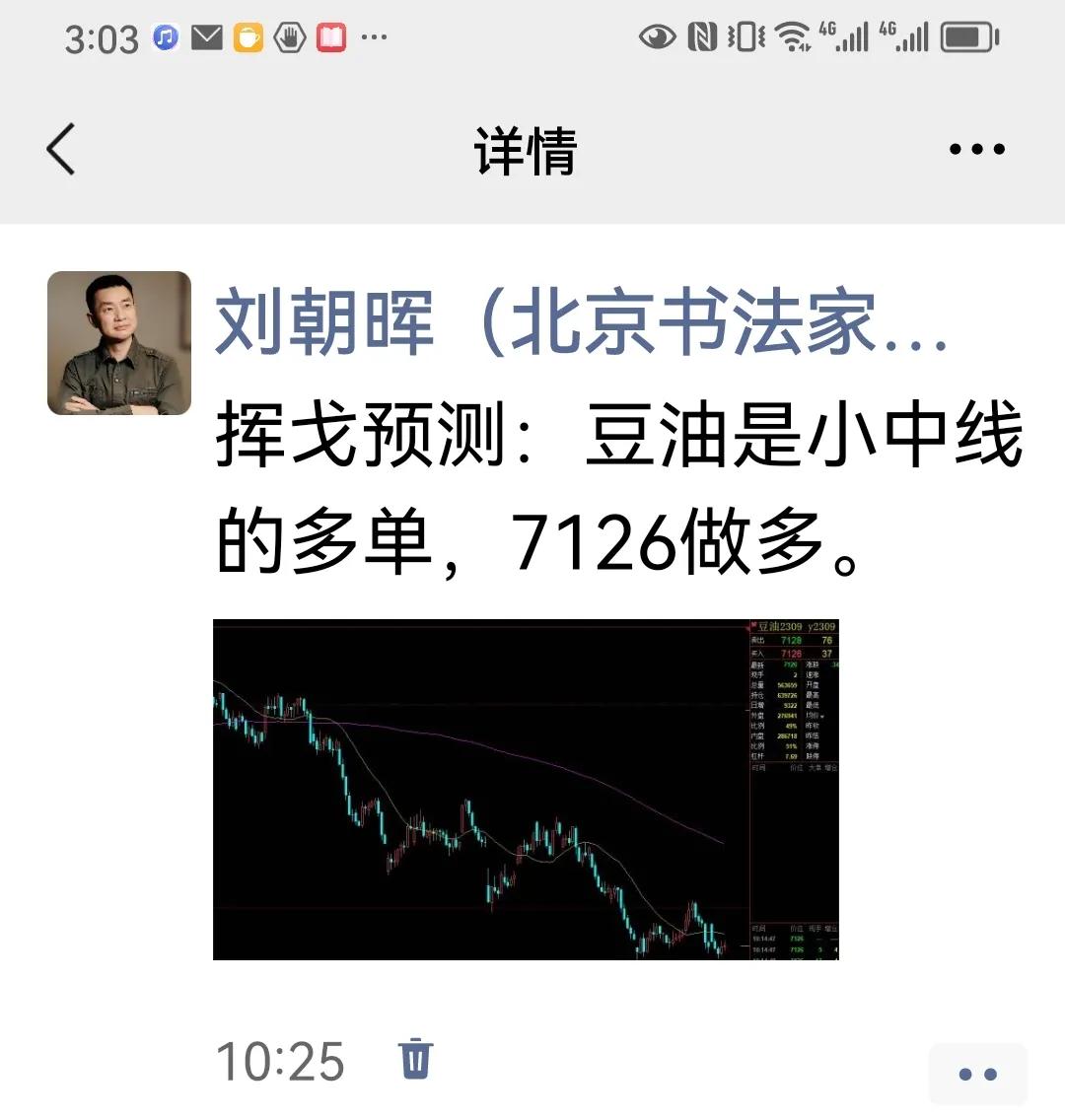 挥戈上午推荐7126做多豆油，收盘为7142，成功。