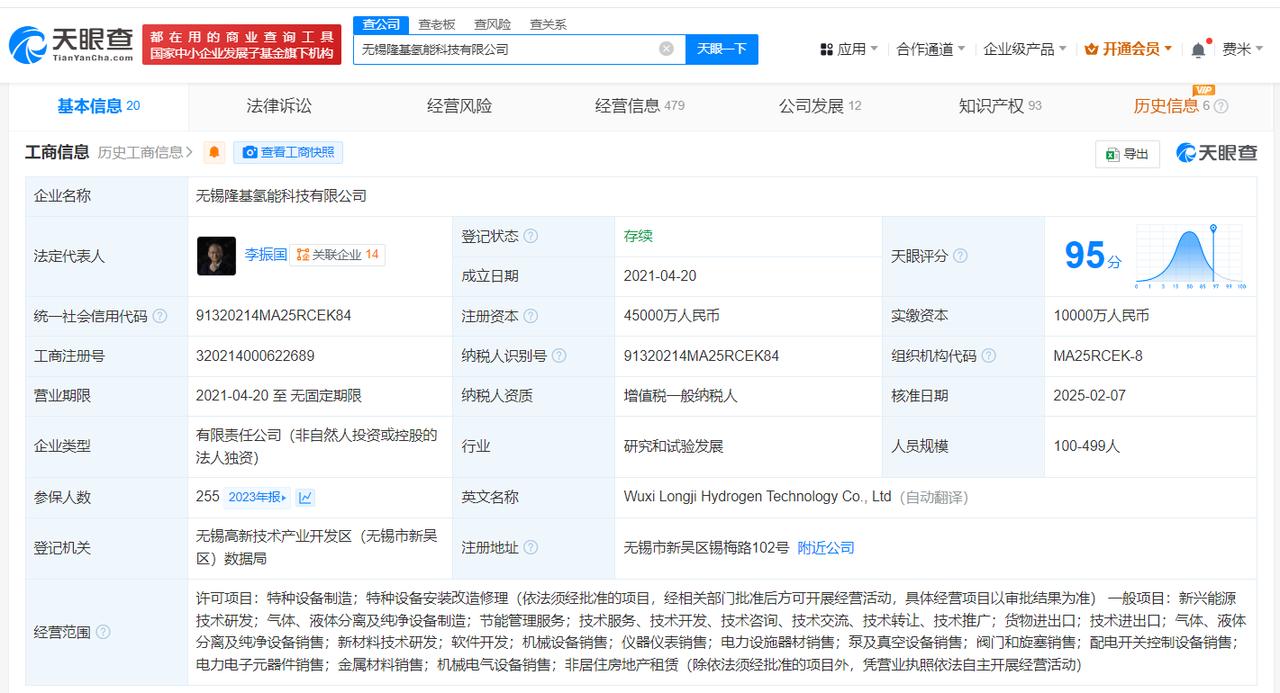 增幅125%
天眼查App显示，近日，无锡隆基氢能科技有限公司发生工商变更，注册