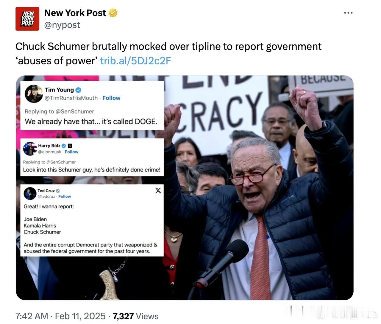 舒默反腐，被网友冠以“开年第一笑话”
看到马斯克的的效率部反腐搞得热火朝天，参议